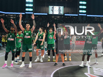 Panathinaikos players cheer after the Euroleague basketball match between Panathinaikos AKTOR Athens and FC Bayern Munich at OAKA Olympic In...