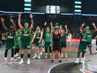 Panathinaikos players cheer after the Euroleague basketball match between Panathinaikos AKTOR Athens and FC Bayern Munich at OAKA Olympic In...