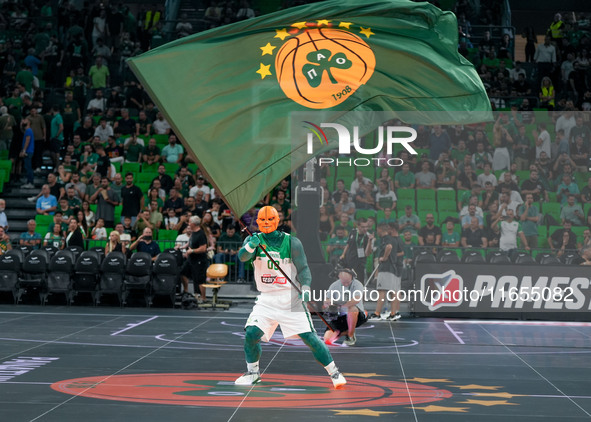 The mascot of Panathinaikos BC waves the flag during the Euroleague basketball match between Panathinaikos AKTOR Athens and FC Bayern Munich...