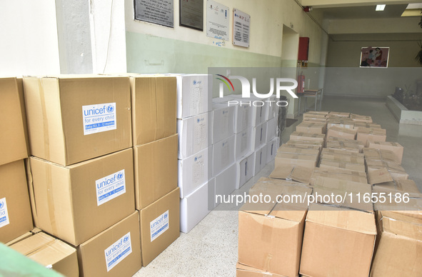 Distribution of rations from UNICEF and the Ministry of Social Affairs occurs in schools for displaced people in Beirut, Lebanon, on October...