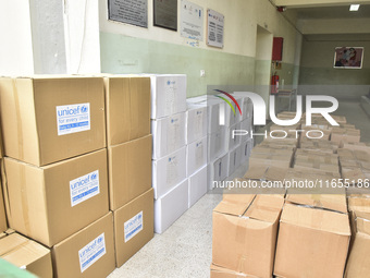 Distribution of rations from UNICEF and the Ministry of Social Affairs occurs in schools for displaced people in Beirut, Lebanon, on October...