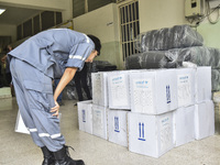 Distribution of rations from UNICEF and the Ministry of Social Affairs occurs in schools for displaced people in Beirut, Lebanon, on October...