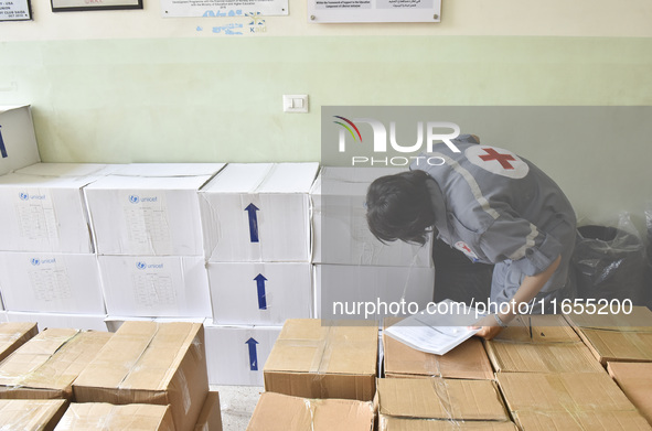 Distribution of rations from UNICEF and the Ministry of Social Affairs occurs in schools for displaced people in Beirut, Lebanon, on October...