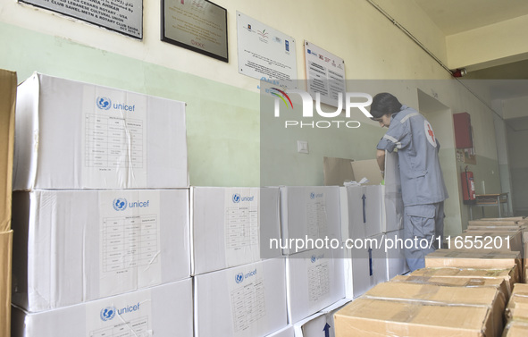 Distribution of rations from UNICEF and the Ministry of Social Affairs occurs in schools for displaced people in Beirut, Lebanon, on October...