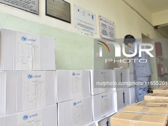 Distribution of rations from UNICEF and the Ministry of Social Affairs occurs in schools for displaced people in Beirut, Lebanon, on October...