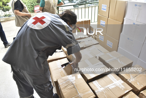 Distribution of rations from UNICEF and the Ministry of Social Affairs occurs in schools for displaced people in Beirut, Lebanon, on October...