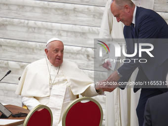 Pope Francis attends the Instrumentum laboris part II at the Paolo VI Hall in the Vatican on October 10, 2024. (