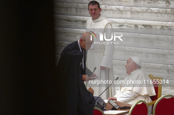 Pope Francis attends the Instrumentum laboris part II at the Paolo VI Hall in the Vatican on October 10, 2024. 