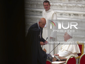 Pope Francis attends the Instrumentum laboris part II at the Paolo VI Hall in the Vatican on October 10, 2024. (