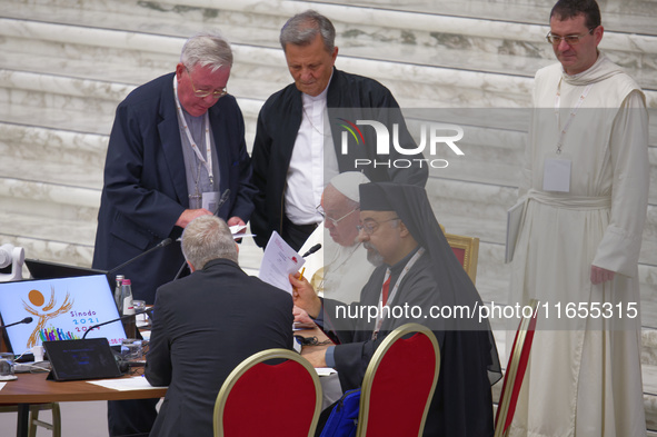 Pope Francis attends the Instrumentum laboris part II at the Paolo VI Hall in the Vatican on October 10, 2024. 