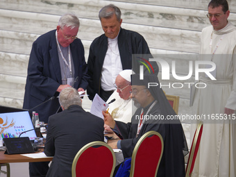 Pope Francis attends the Instrumentum laboris part II at the Paolo VI Hall in the Vatican on October 10, 2024. (