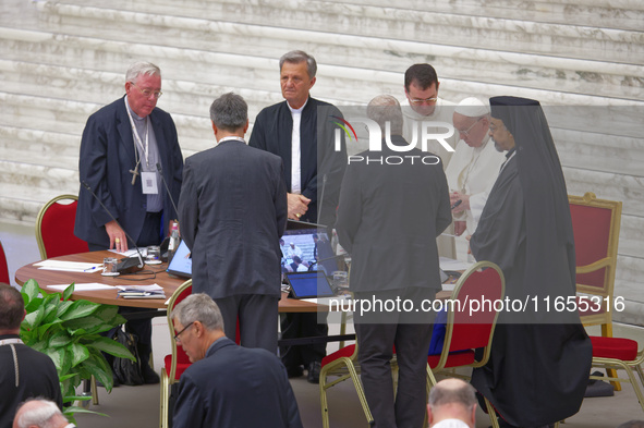 Pope Francis attends the Instrumentum laboris part II at the Paolo VI Hall in the Vatican on October 10, 2024. 