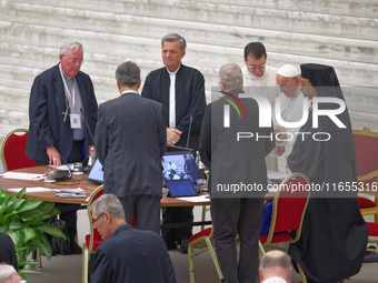 Pope Francis attends the Instrumentum laboris part II at the Paolo VI Hall in the Vatican on October 10, 2024. (