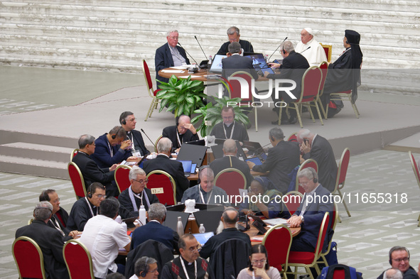 Pope Francis attends the Instrumentum laboris part II at the Paolo VI Hall in the Vatican on October 10, 2024. 