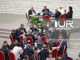 Pope Francis attends the Instrumentum laboris part II at the Paolo VI Hall in the Vatican on October 10, 2024. (