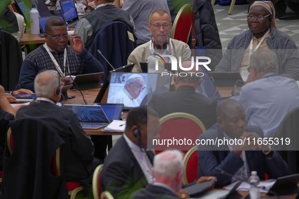 Pope Francis attends the Instrumentum laboris part II at the Paolo VI Hall in the Vatican on October 10, 2024. 