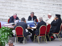 Pope Francis attends the Instrumentum laboris part II at the Paolo VI Hall in the Vatican on October 10, 2024. (