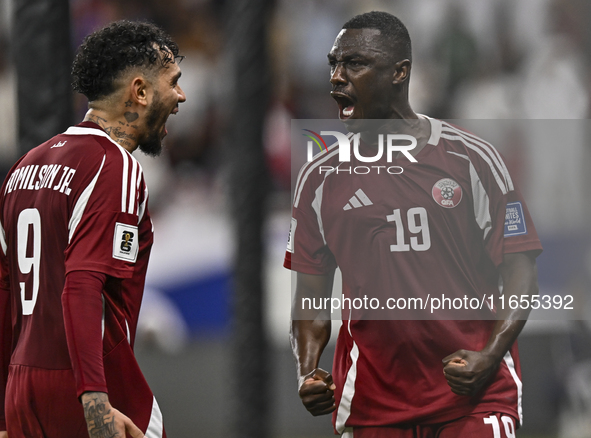 Almoez Ali (R) of Qatar celebrates with Edmilson Junior Dasilva after scoring the opening goal during the FIFA World Cup 2026 AFC Asian Qual...