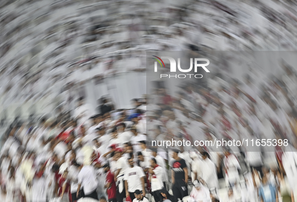 Qatar supporters cheer for their team during the FIFA World Cup 2026 AFC Asian Qualifiers 3rd round group A match between Qatar and Kyrgyzst...