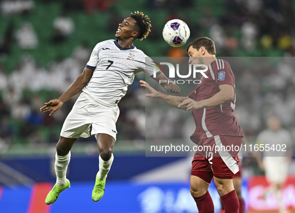 Lucas Mendes of Qatar battles for the ball with Joel Kojo of Kyrgyzstan during the FIFA World Cup 2026 AFC Asian Qualifiers 3rd round group...