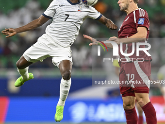 Lucas Mendes of Qatar battles for the ball with Joel Kojo of Kyrgyzstan during the FIFA World Cup 2026 AFC Asian Qualifiers 3rd round group...