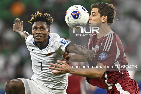 Lucas Mendes of Qatar battles for the ball with Joel Kojo of Kyrgyzstan during the FIFA World Cup 2026 AFC Asian Qualifiers 3rd round group...