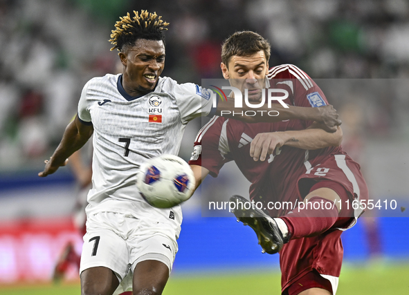 Lucas Mendes of Qatar battles for the ball with Joel Kojo of Kyrgyzstan during the FIFA World Cup 2026 AFC Asian Qualifiers 3rd round group...