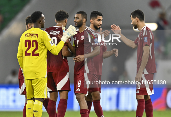 Players of Qatar celebrate after they win the FIFA World Cup 2026 AFC Asian Qualifiers 3rd round group A match between Qatar and Kyrgyzstan...