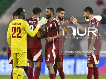 Players of Qatar celebrate after they win the FIFA World Cup 2026 AFC Asian Qualifiers 3rd round group A match between Qatar and Kyrgyzstan...