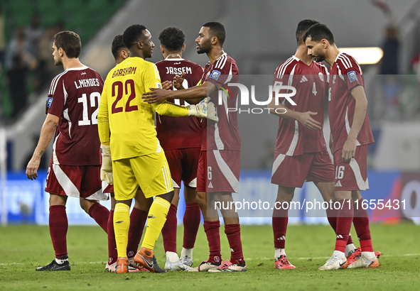 Players of Qatar celebrate after they win the FIFA World Cup 2026 AFC Asian Qualifiers 3rd round group A match between Qatar and Kyrgyzstan...