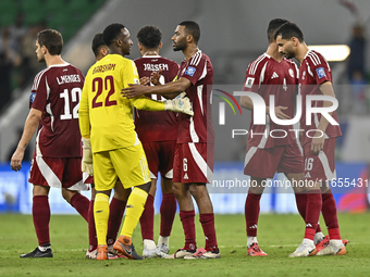 Players of Qatar celebrate after they win the FIFA World Cup 2026 AFC Asian Qualifiers 3rd round group A match between Qatar and Kyrgyzstan...