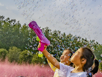 Tourists play in pink grass in Suqian, Jiangsu province, China, on October 10, 2024. (