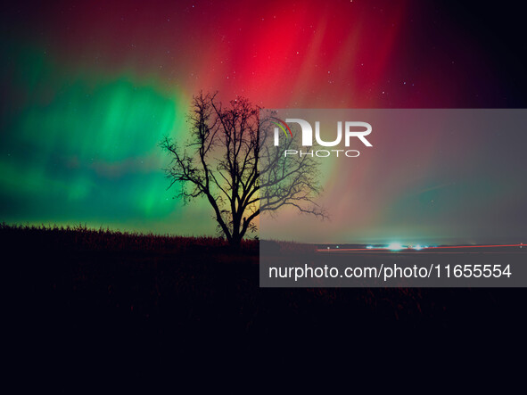 The night sky in Wisconsin glows with the Northern Lights as a geomagnetic storm brings vibrant pink and green colors to a majority of the n...