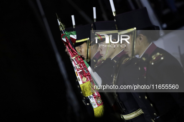 Cadets stand before the Commemorative Ceremony of the 200th Anniversary of the Mexican Republic in the Zocalo in Mexico City, Mexico, on Oct...