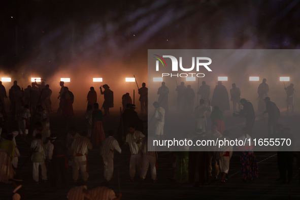 A performance and commemorative ceremony of the 200th anniversary of the Mexican Republic takes place in the Zocalo of Mexico City, Mexico,...