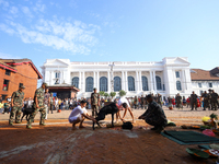 GRAPHIC WARNING: Nepal Army personnel sacrifice a he-goat in Kathmandu Durbar Square on the final day of Nawaratri in Kathmandu, Nepal, on O...