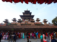 Nepali Hindu devotees stand in a queue to reach the Taleju Bhawani Temple in Kathmandu Durbar Square, Nepal, on October 11, 2024, on the fin...