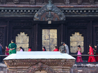 Nepali Hindu devotees worship around the Taleju Bhawani Temple in Kathmandu Durbar Square, Kathmandu, Nepal, on October 11, 2024, on the fin...