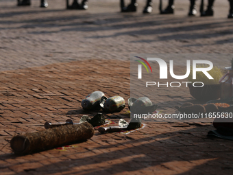 Weapons prepared for the sacrifice of a he-goat and a he-buffalo are worshipped ahead of the sacrifice ceremony on the ninth and final day o...