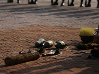 Weapons prepared for the sacrifice of a he-goat and a he-buffalo are worshipped ahead of the sacrifice ceremony on the ninth and final day o...