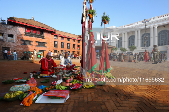 Military personnel continue with the procession of the worshipped Goddess Bhawani on the final day of Nawaratri in Kathmandu, Nepal, on Octo...