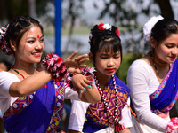 Mising tribal girls perform a traditional dance during the Ali-Aye-Ligang festival in Nagaon district, Assam, India, on February 15, 2023. A...