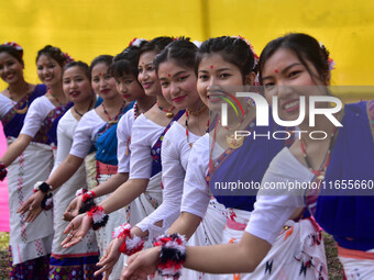 Mising tribal girls perform a traditional dance during the Ali-Aye-Ligang festival in Nagaon district, Assam, India, on February 15, 2023. A...