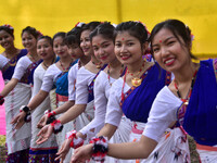 Mising tribal girls perform a traditional dance during the Ali-Aye-Ligang festival in Nagaon district, Assam, India, on February 15, 2023. A...