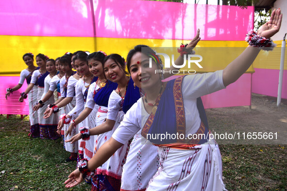 Mising tribal girls perform a traditional dance during the Ali-Aye-Ligang festival in Nagaon district, Assam, India, on February 15, 2023. A...