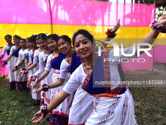 Mising tribal girls perform a traditional dance during the Ali-Aye-Ligang festival in Nagaon district, Assam, India, on February 15, 2023. A...