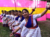 Mising tribal girls perform a traditional dance during the Ali-Aye-Ligang festival in Nagaon district, Assam, India, on February 15, 2023. A...