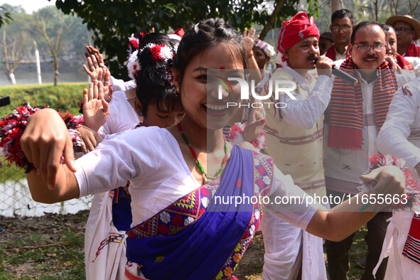 Mising tribal girls perform a traditional dance during the Ali-Aye-Ligang festival in Nagaon district, Assam, India, on February 15, 2023. A...