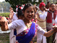 Mising tribal girls perform a traditional dance during the Ali-Aye-Ligang festival in Nagaon district, Assam, India, on February 15, 2023. A...