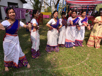 Mising tribal girls perform a traditional dance during the Ali-Aye-Ligang festival in Nagaon district, Assam, India, on February 15, 2023. A...